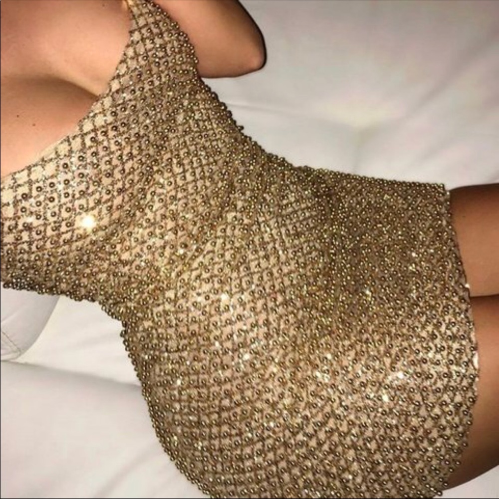 Drop a glint embellished gold dress